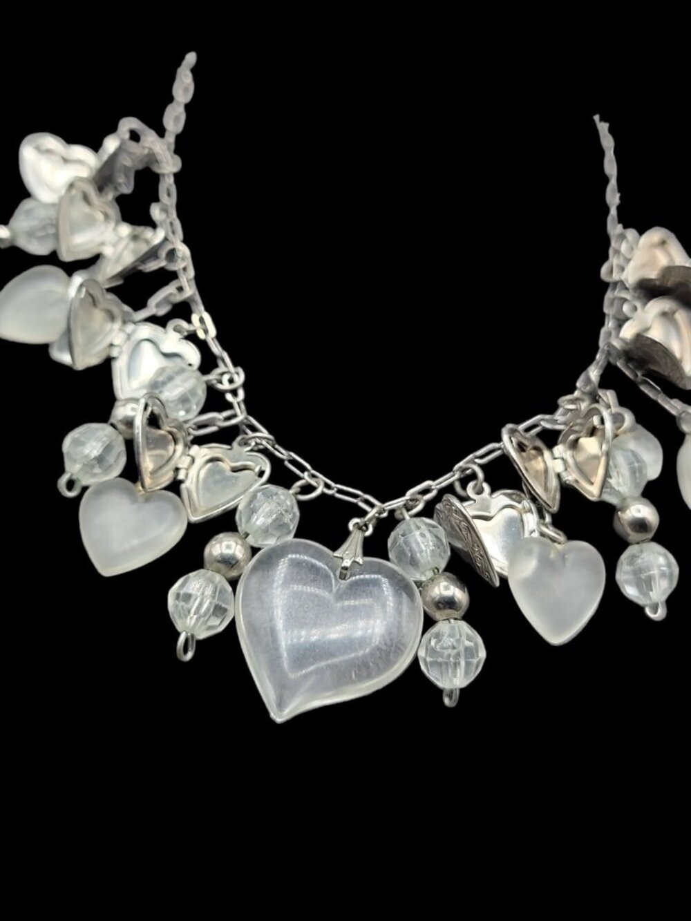 Love Choker Necklace 16" Frost Glass 8 Silver Plated Double Photo Locket Charms - Picture 6 of 15
